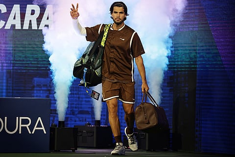 Carlos Alcaraz, of Spain, arrives for a match against Jaime Faria, of Portugal, during the second round of the U.S. Open tennis championships in New York.