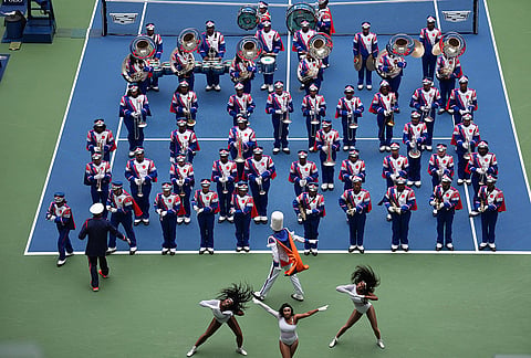 A band performs before a match between Jessica Pegula, of the United States, and Sofia Kenin, of the United States, during the second round of the U.S. Open tennis championships Wednesday, Sept. 2, 2026, in New York.
