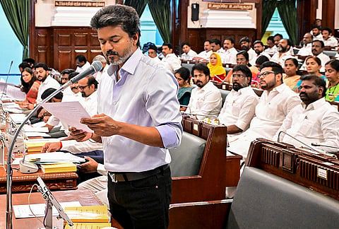 Tamil Nadu Chief Minister Joseph Vijay speaks during the state Legislative Assembly session, in Chennai.