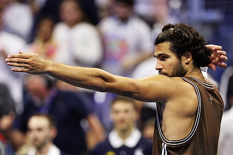 Carlos Alcaraz, of Spain, celebrates winning a match against Jaime Faria, of Portugal, during the second round of the U.S. Open tennis championships in New York.