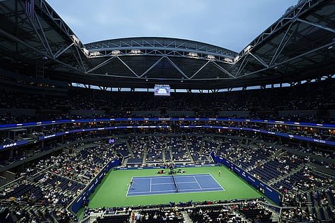 Aryna Sabalenka, of Belarus, left, competes against Polina Iatcenko, of Russia, during the second round of the U.S. Open tennis championships in New York.