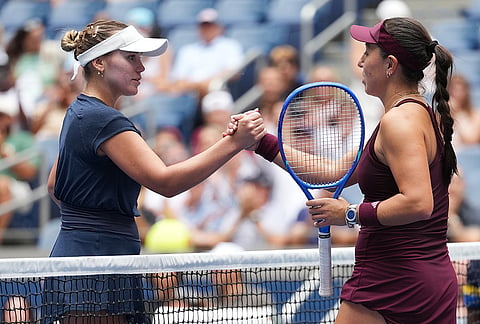 Jessica Pegula, of the United States, greets Sofia Kenin, of the United States, left, after Pegula won their match during the second round of the U.S. Open tennis championships Wednesday, Sept. 2, 2026, in New York.