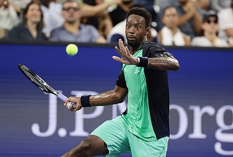 Gael Monfils, of France, hits a return to Learner Tien, of the United States, during the second round of the U.S. Open tennis championships, Thursday, Sept. 3, 2026, in New York. 