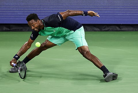 Gael Monfils, of France, hits a return to Learner Tien, of the United States, during the second round of the U.S. Open tennis championships, Thursday, Sept. 3, 2026, in New York. 