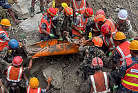 | Photo: Handout via PTI : In this image received on Sept. 4, 2026, Nepal army personnel and other officials rescue a man from the tunnel of the Trishuli 3A Hydropower Project, in the aftermath of the recent flash floods, in Rasuwa district. 