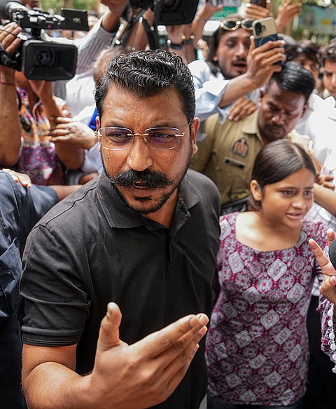 Azad Samaj Party supremo and MP Chandrashekhar Ravan along with Cockroach Janta Party (CJP) protester Nishu Azad move towards the Parliament Street police station, during a protest by CJP, demanding action against self-styled Hindutva influencer Swatantra Bhardwaj over the alleged assault on Nishu’s father during a demonstration at Jantar Mantar on July 20th, in New Delhi, Friday, Sept. 4, 2026. 