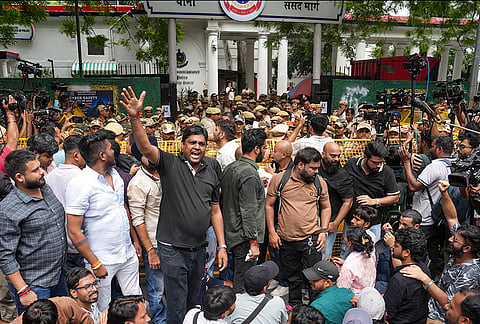 Cockroach Janta Party (CJP) supporters stage a protest outside Parliament Street police station demanding action against self-styled Hindutva influencer Swatantra Bhardwaj over the alleged assault of a student protester's father, in New Delhi, Friday, Sept. 4, 2026.
