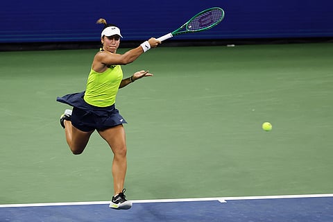 Jessica Bouzas Maneiro, of Spain, hits a return to Elena Rybakina, of Kazakhstan, during the second round of the U.S. Open tennis championships in New York.