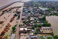 | Photo: PTI  : An aerial view of a residential area inundated by floodwaters following the rise in the water level of the Ganga river, in Patna, Bihar, Friday, Sept. 4, 2026. 