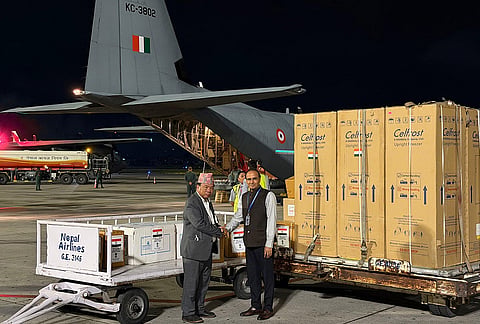 Humanitarian assistance, sent by India in the aftermath of the recent flash floods, being handed over to Nepalese Minister of Science, Technology and Innovation Mahabir Pun, in Kathmandu. 