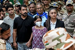 Azad Samaj Party supremo and MP Chandrashekhar Ravan, Cockroach Janta Party (CJP) spokespersons Saurav Das and Ashutosh Ranka along with CJP protester Nishu Azad after a meeting with the police officials at the Parliament Street police station, during a protest by CJP demanding action against self-styled Hindutva influencer Swatantra Bhardwaj over the alleged assault on Nishu’s father during a demonstration at Jantar Mantar on July 20th, in New Delhi, Friday, Sept. 4, 2026. CJP representatives said the Delhi Police has assured that Bharadwaj will be arrested within 72 hours. - | Photo: PTI/Salman Ali