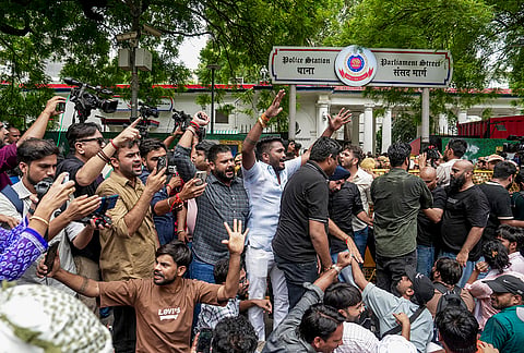 Cockroach Janta Party (CJP) supporters stage a protest outside Parliament Street police station demanding action against self-styled Hindutva influencer Swatantra Bhardwaj over the alleged assault of Sanjay Kumar, father of CJP protester Nishu Azad, during a demonstration at Jantar Mantar on July 20th, in New Delhi, Friday, Sept. 4, 2026. 