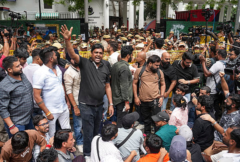 Cockroach Janta Party (CJP) supporters stage a protest outside Parliament Street police station demanding action against self-styled Hindutva influencer Swatantra Bhardwaj over the alleged assault of a student protester's father, in New Delhi. The protest was organised after an interview went viral in which Bhardwaj claimed he assaulted Sanjay Kumar, father of CJP protester Nishu Azad, during a demonstration at Jantar Mantar on July 20th. 