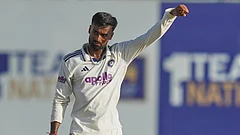 India's Manav Suthar celebrates the dismissal of Sri Lanka's Lahiru Udara during the day four of the first cricket test match between Sri Lanka and India in Galle, Sri Lanka. - Photo: AP/Eranga Jayawardena