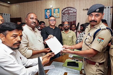 Congress MP Chandrakant Handore submits a memorandum seeking withdrawal of the FIR registered against LoP in the Lok Sabha Rahul Gandhi over his remarks on an alleged purification ritual held at the venue in Uttarakhand where AICC chief Mallikarjun Kharge addressed a rally, at Haldwani, in Nainital district, Uttarakhand.