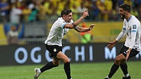 Uruguay Preliminary Squad Vs India: Diego Forlan Names Strong 46-Man List - Check Who's In | Photo: AP/Raphael Muller : Football World Cup 2026 Qualifiers: Uruguay's Federico Valverde, left, celebrates scoring his side's opening goal against Brazil