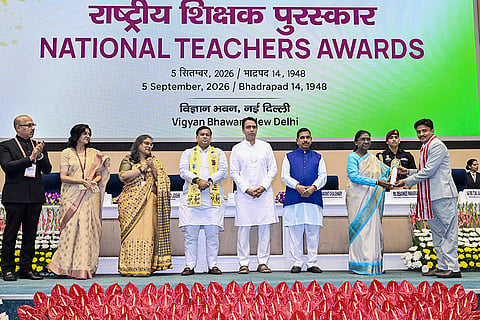 In this image received on Sept. 5, 2026, President Droupadi Murmu confers National Award to a teacher during an event on Teacher’s Day, in New Delhi. Union Education Minister Pralhad Joshi along with Ministers of State Jayant Singh and Sukanta Majumdar and others are also present. 