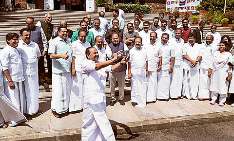 In this image posted on Sept. 5, 2026, Kerala Chief Minister VD Satheesan poses for a group photograph during the 'Reimagining Keralam' leadership conclave at IIM Kozhikode, in Kozhikode, Keralam.