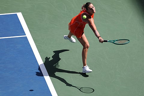 Aryna Sabalenka, of Belarus, returns the ball to Kamilla Rakhimova, of Uzbekistan, during the third round of the U.S. Open tennis championships in New York.