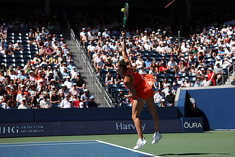 Aryna Sabalenka, of Belarus, serves the ball to Kamilla Rakhimova, of Uzbekistan, during the third round of the U.S. Open tennis championships in New York.
