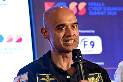 Gaganyaan astronaut and Indian Air Force pilot Prasanth Balakrishnan Nair speaks at the 'Kerala Cyber Suraksha Summit 2026', organised by Kerala Startup Mission and F9 Infotech, in Kochi, Keralam.