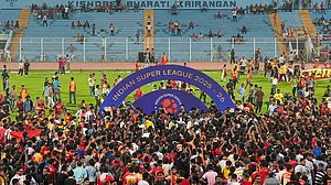 | Photo: PTI/Swapan Mahapatra : East Bengal supporters celebrate after their team’s victory in the Indian Super League (ISL) 2026 football match against Inter Kashi, in Kolkata.