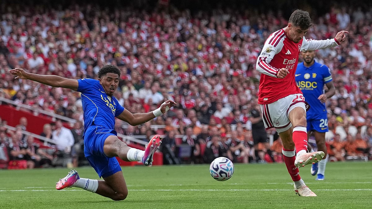 Arsenal's Kai Havertz kicks the ball ahead of Chelsea's Wesley Fofana during the English Premier League soccer match between Arsenal and Chelsea in London, Sunday, Sept. 6, 2026 - (AP Photo/Dave Shopland)