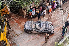 Rescue operation underway a 50-year-old five-storey building housing a boys' hostel collapsed in a congested bylane in Satya Niketan near Delhi University’s south campus. Six people have been pulled out of the debris so far, of whom one was brought dead to the hospital and five others rescued alive, police said. - | Photo: Handout via PTI