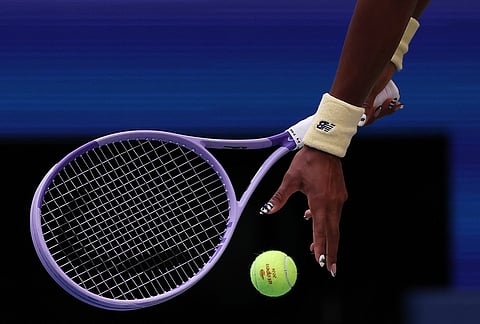 Coco Gauff, of the United States, prepares to serve the ball to Cristina Bucsa, of Spain, during the third round of the U.S. Open tennis championships Saturday, Sept. 5, 2026, in New York.