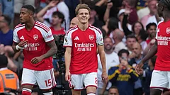Arsenal's Martin Odegaard, centre, reacts during the English Premier League soccer match between Arsenal and Chelsea in London, Sunday, Sept. 6, 2026 - (AP Photo/Dave Shopland)