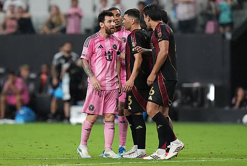 Inter Miami forward Lionel Messi, left, has words with Atlanta United defender Júnior Alonso (6) after an MLS soccer match, Saturday, Sept. 5, 2026, in Miami. 