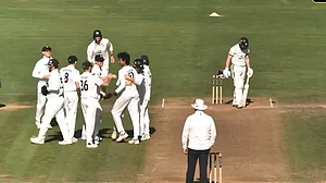 X/Gloscricket : R Sai Kishore celebrating with his Gloucestershire teammates after taking a wicket.