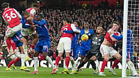 Arsenal Vs Chelsea Live Score, Premier League: Gunners, Blues Clash In Thrilling London Derby | Photo: AP/Alastair Grant : Arsenal's Jurrien Timber, third left, scores during the Premier League soccer match between Chelsea Arsenal in London.