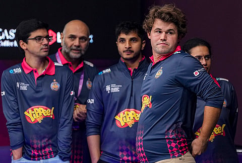 Grandmaster & Alpine APL Pipers Magnus Carlsen with team mates during the Global Chess League 2026, Chess match against Ganges Grandmasters, in Bengaluru, Karnataka.
