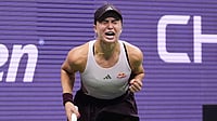 AP Photo/Frank Franklin II : Iva Jovic, of the United States, celebrates after defeating Alexandra Eala, of the Philippines, in three sets in the third round of the U.S. Open tennis championships.
