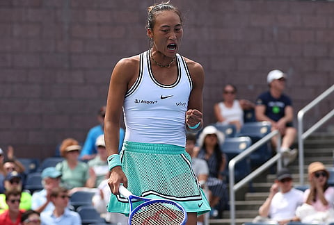 Zheng Qinwen, of China, reacts during the third round of the U.S. Open tennis championships against Madison Keys, of the United States, Saturday, Sept. 5, 2026, in New York.