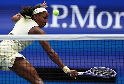 Coco Gauff, of the United States, returns the ball to Cristina Bucsa, of Spain, during the third round of the U.S. Open tennis championships Saturday, Sept. 5, 2026, in New York.