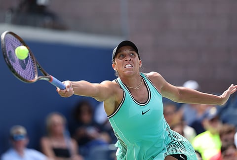 Madison Keys, of the United States, returns the ball to Zheng Qinwen, of China, during the third round of the U.S. Open tennis championships Saturday, Sept. 5, 2026, in New York. 