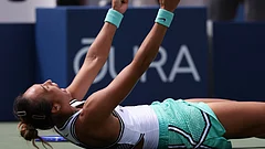 Zheng Qinwen, of China, celebrates after she won her match against Madison Keys, of the United States, during the third round of the U.S. Open tennis championships Saturday. - Heather Khalifa/AP Photo