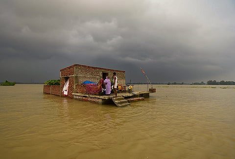 A house lies partially submerged in floodwaters following a rise in the water level of the Ganga river, at Nakta Diyara, in Patna, Bihar, Saturday, Sept. 5, 2026. 