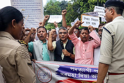 Members of the Assam State Primary Teachers' Association (ASPTA) during a demonstration outside the Directorate of Elementary Education office, protesting against the SNA-SPARSH module for salary disbursement, in Guwahati.