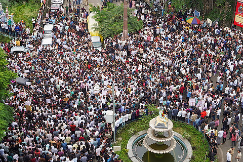 MPSC aspirants and students during a protest march against alleged irregularities in competitive examinations, in Pune. NCP (SP) MP Supriya Sule and MLA Rohit Pawar also joined the demonstration. 