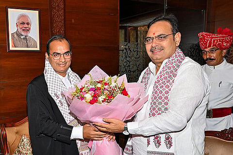In this image posted on Sept. 7, 2026, Rajasthan Chief Minister Bhajanlal Sharma greets the newly sworn-in Chief Justice of the state  High Court Sanjay Kumar Agarwal.