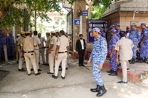 Security personnel deployed outside the Patiala House Courts ahead of the hearing of social media influencer Swatantra Bhardwaj in an alleged assault case, in New Delhi.