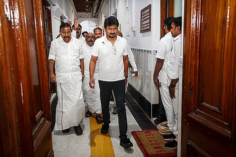 Leader of Opposition in the Tamil Nadu Legislative Assembly Udhayanidhi Stalin along with party MLA's stage a walkout during the state Legislative Assembly session, in Chennai.