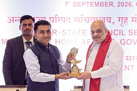 In this image posted on Sept. 7, 2026, Union Home Minister Amit Shah, right, receives a memento from Goa Chief Minister Pramod Sawant during the 28th Western Zonal Council Meeting, in Panaji.