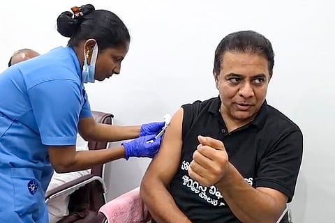 Bharat Rashtra Samithi (BRS) Working President KT Rama Rao receives medical treatment at Telangana Bhavan after alleging police high-handedness during a protest near the Telangana Assembly, in Hyderabad.