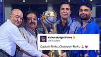 KKR Approved Rinku Singh As Captain In IPL 2027? Franchise’s 4-Word X Post Goes Viral | Watch | Photo: X/_UPT20league (Screengrab) : Meerut Mavericks Captain Rinku Singh Lifting The UPT20 League Trophy