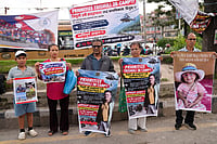 | Photo: AP/Dar Yasin : Relatives of recent flash flood victims hold banners urging authorities to step up efforts to find their missing loved ones during a demonstration in Kathmandu, Nepal.
