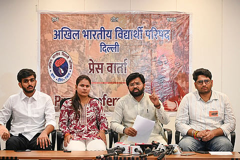 Akhil Bharatiya Vidyarthi Parishad (ABVP) National General Secretary Virendra Singh Solanki, second right, addresses a press conference alongside other office bearers concerning the Satya Niketan building collapse, at the ABVP office, in New Delhi.